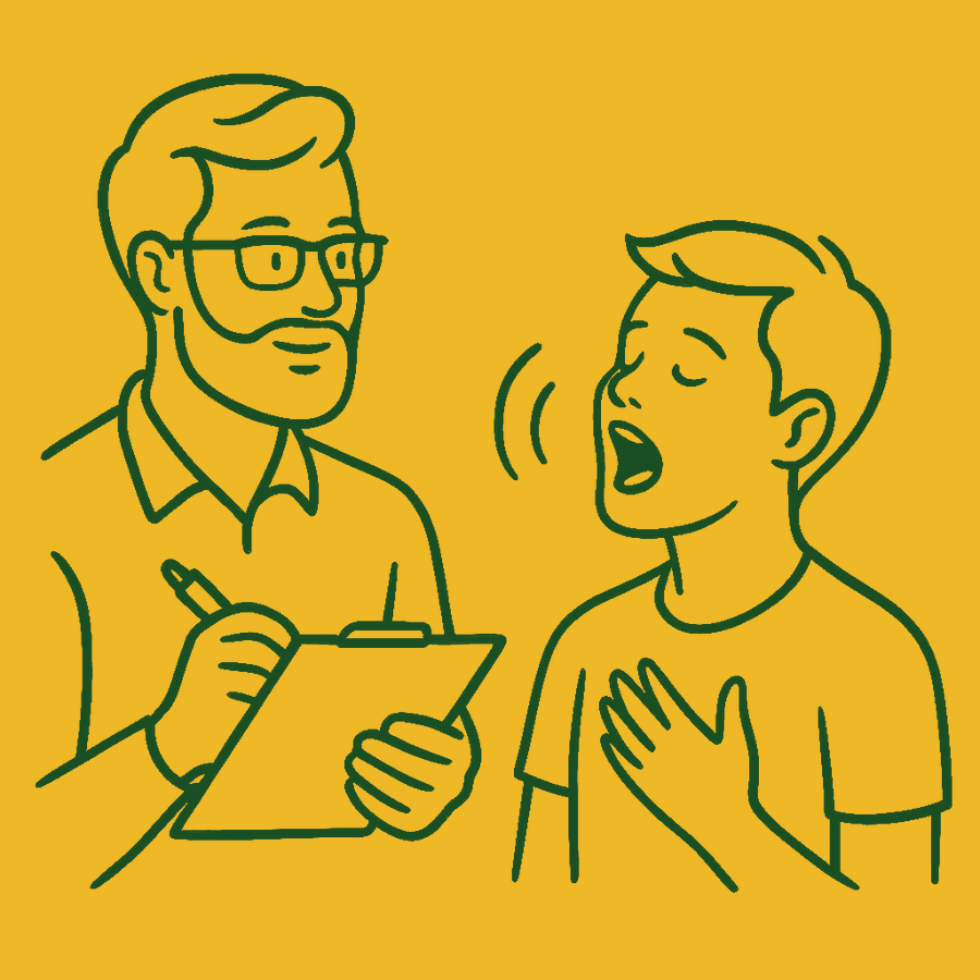 Illustration: Therapeut mit Klemmbrett beobachtet eine singende Person